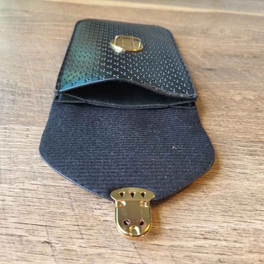Black Embossed Cross Faux Leather Phone Pouch Glasses Case Gold Tuck Lock Slim